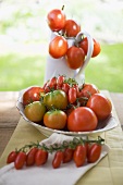 Various types of tomatoes on table out of doors
