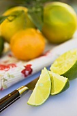 Lime wedges and squeezed lime in front of citrus fruit