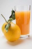 Glass of orange juice and two oranges