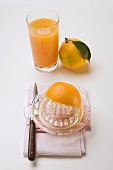 Squeezing an orange, glass of orange juice & whole orange