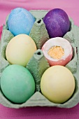 Gefärbte gekochte Eier im Eierkarton