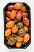 Different types of tomatoes in black container