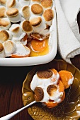 Sweet potato & marshmallow gratin in baking dish & on spoon