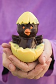 Hands holding chocolate chick