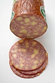 Käsewurst (cheese sausage) with slices cut