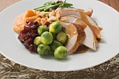Turkey breast, Brussels sprouts, cranberries, mashed sweet potato