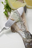 Removing trout skin with a fish knife