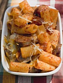 Rigatoni with sausage, tomato sauce and cheese