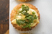 Savoury pear patty with deep-fried parsley