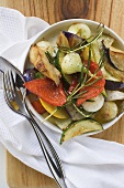 Roasted vegetables with rosemary (overhead view)