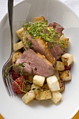 Duck breast with vegetables (overhead view)
