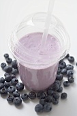 Blueberry shake in plastic cup, surrounded by blueberries