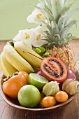 Exotic fruit, citrus fruit and orchids in wooden bowl