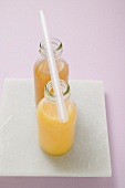 Two fruit juices in bottles with a straw laid across them