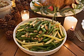 Beans with almonds and turkey on Christmas table (USA)