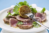 Seared, seasoned tuna fillet with coriander leaves
