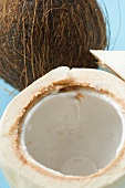 The flesh of a coconut in front of whole coconut