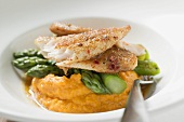 Pangasius fillet with asparagus and sweet potato puree