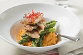 Pangasius fillet with asparagus and sweet potato puree