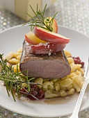 Smoked duck breast with apple on spaetzle (home-made noodles)