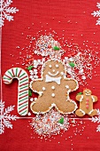 Gingerbread men, candy cane biscuit and sprinkles