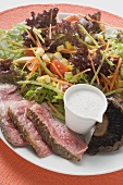 Steak salad with mushrooms and dressing