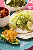 Wrap ingredients, salsa and guacamole (Mexico)