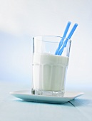 Glass of milk with two straws