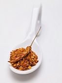 Chilli flakes and dried chilli on spoon