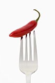 A red chilli on a fork