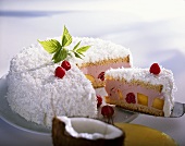 Mango and raspberry cake with coconut