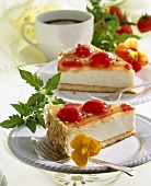 Two pieces of sweet ricotta cake with tomatoes