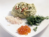 Avocado puree with herbs, shallots and trout caviar