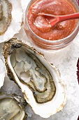 Fresh oysters with tomato sauce (close-up)