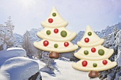 White chocolate Christmas trees on picture postcard