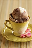 Schokoladen-Vanille-Eis in Tasse, Pfefferminzbonbons