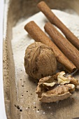 Walnuts and cinnamon sticks in old flour scoop