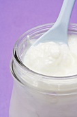 Yoghurt in jar with spoon (close-up)
