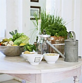 Bowls, vegetables, fruit, herbs and watering can on table