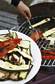 Grilled vegetables on a plate and on a barbecue