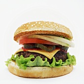 A hamburger against a white background