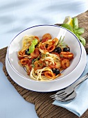 Spaghetti frutti di mare with olives