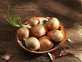 Onions in rustic metal dish
