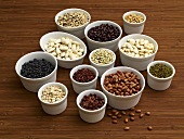 Various types of dried beans in small bowls