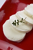 Slices of mozzarella on a red plate