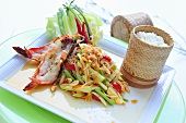 Grilled prawns with papaya salad and rice