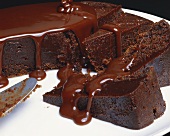 Plate of Sliced Chocolate Cake with Chocolate Fudge Sauce