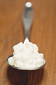 Spoonful of cottage cheese on brown background