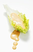 A lettuce leaf with dressing