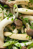 Fried king oyster mushrooms with onions and parsley